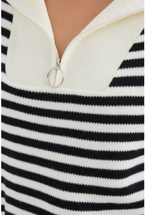 15886 Polo Collar Striped Long Knit Sweater