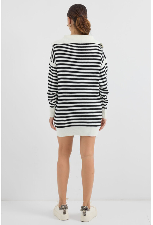 15886 Polo Collar Striped Long Knit Sweater