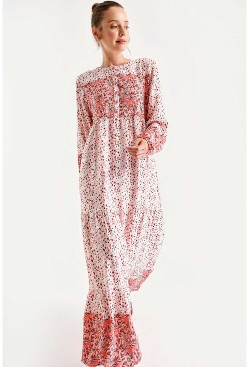 1943 Çiçek Desen Etek Ucu Valanlı Elbise