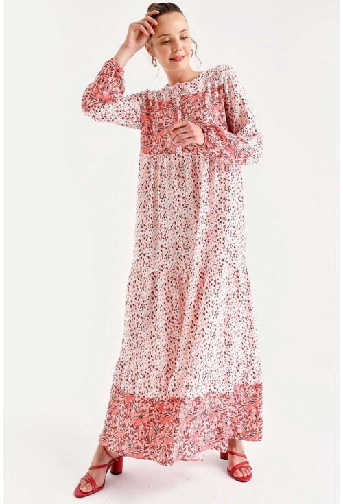 1943 Çiçek Desen Etek Ucu Valanlı Elbise