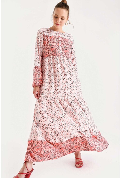 1943 Çiçek Desen Etek Ucu Valanlı Elbise