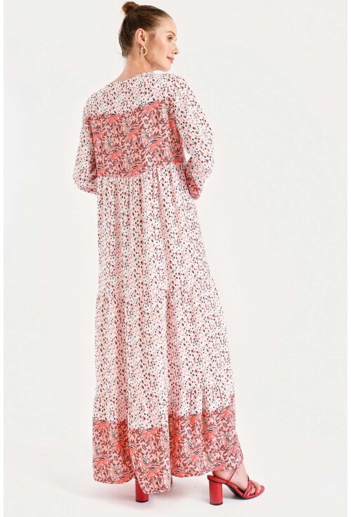 1943 Çiçek Desen Etek Ucu Valanlı Elbise