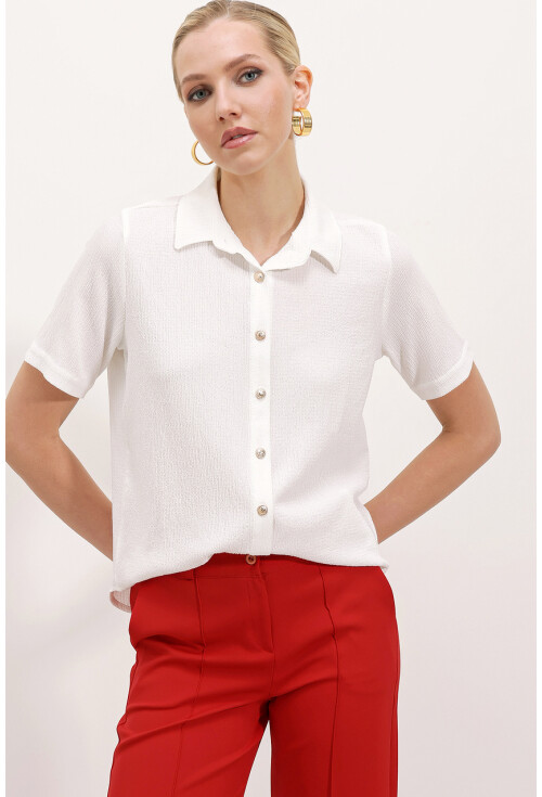 20181 Gold Düğmeli Örme Gömlek