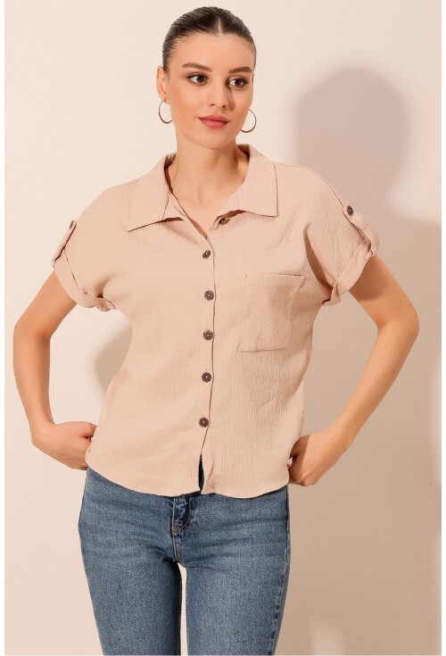 20182 - Duble Kol Bayan Krinkıl Gömlek