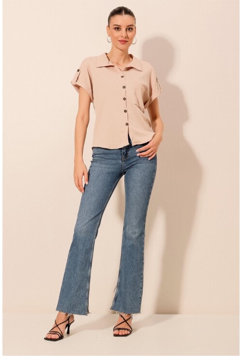 20182 - Duble Kol Bayan Krinkıl Gömlek