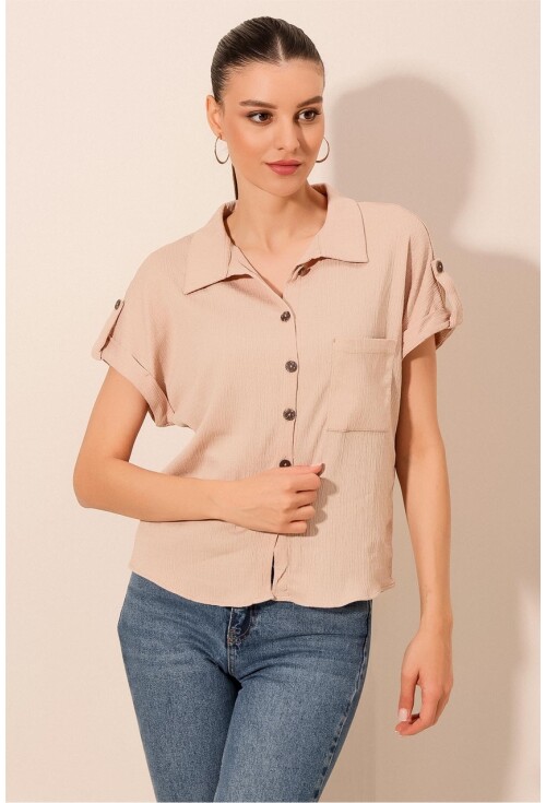 20182 - Duble Kol Bayan Krinkıl Gömlek