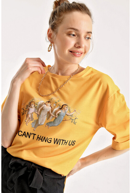 4139 Baskılı Yırtmaçlı Salaş T-Shirt