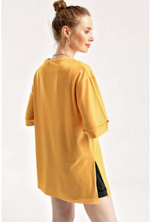 4139 Baskılı Yırtmaçlı Salaş T-Shirt