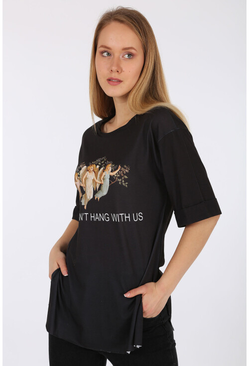 4139 Baskılı Yırtmaçlı Salaş T-Shirt