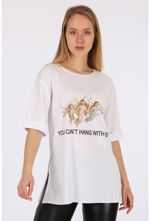 4139 Baskılı Yırtmaçlı Salaş T-Shirt