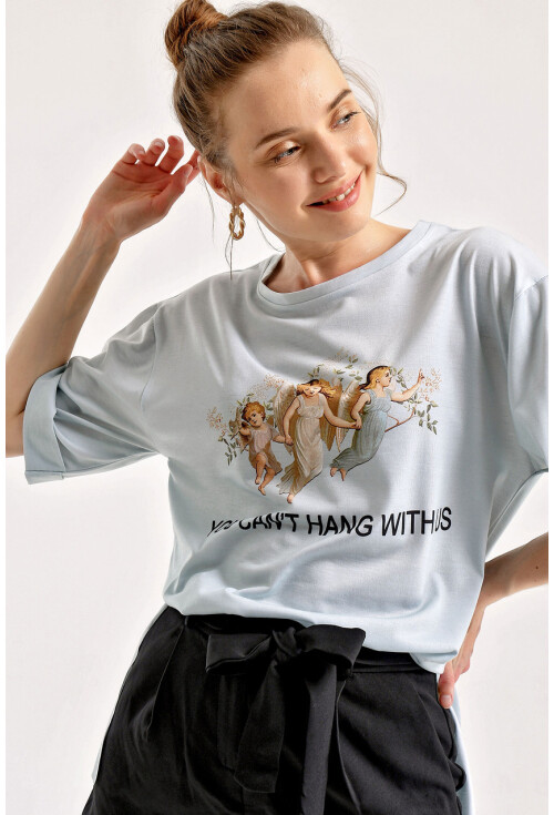 4139 Baskılı Yırtmaçlı Salaş T-Shirt