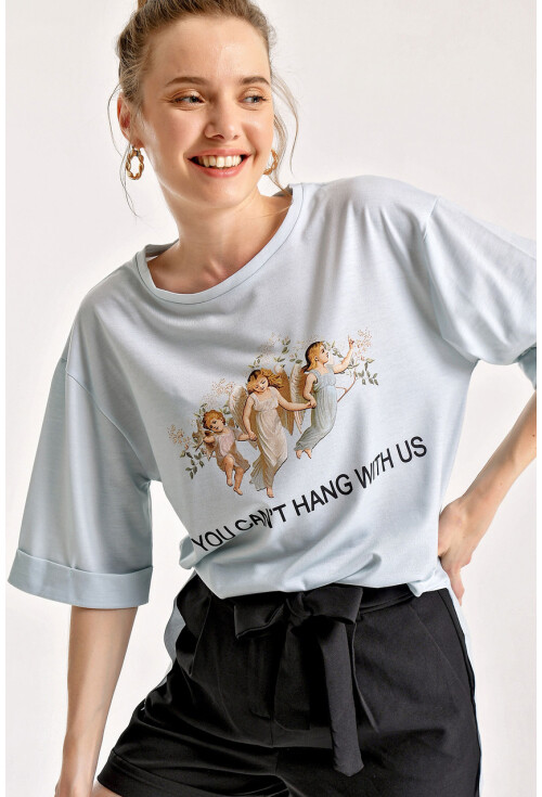 4139 Baskılı Yırtmaçlı Salaş T-Shirt
