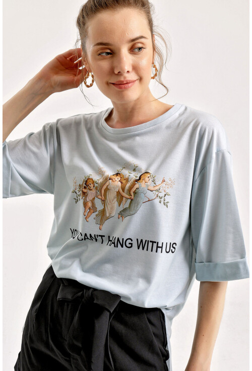 4139 Baskılı Yırtmaçlı Salaş T-Shirt