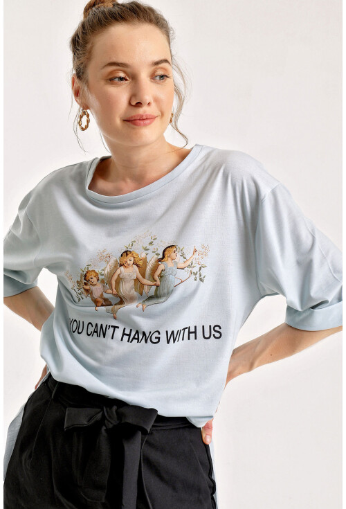 4139 Baskılı Yırtmaçlı Salaş T-Shirt