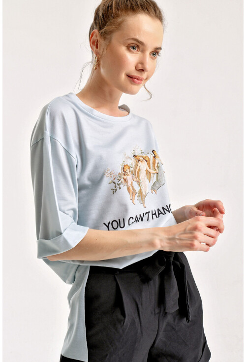 4139 Baskılı Yırtmaçlı Salaş T-Shirt