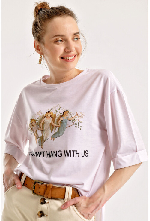 4139 Baskılı Yırtmaçlı Salaş T-Shirt