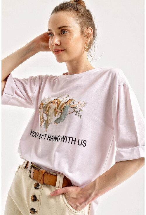 4139 Baskılı Yırtmaçlı Salaş T-Shirt