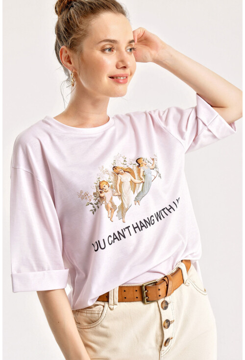 4139 Baskılı Yırtmaçlı Salaş T-Shirt