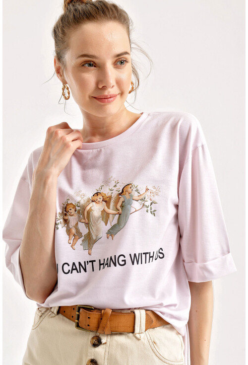 4139 Baskılı Yırtmaçlı Salaş T-Shirt
