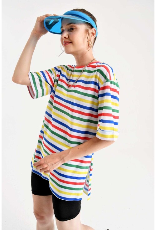 4169 Çizgili Yanı Yırmaçlı T-Shirt