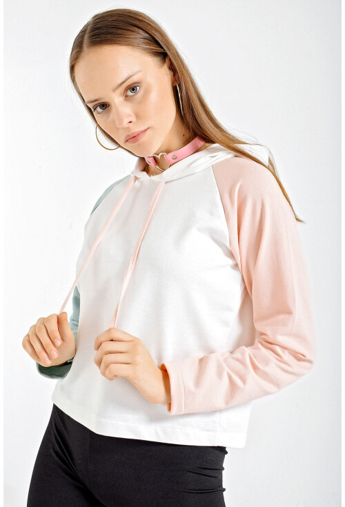 4225 Çift Renkli Kapşonlu Oversize Sweatshirt