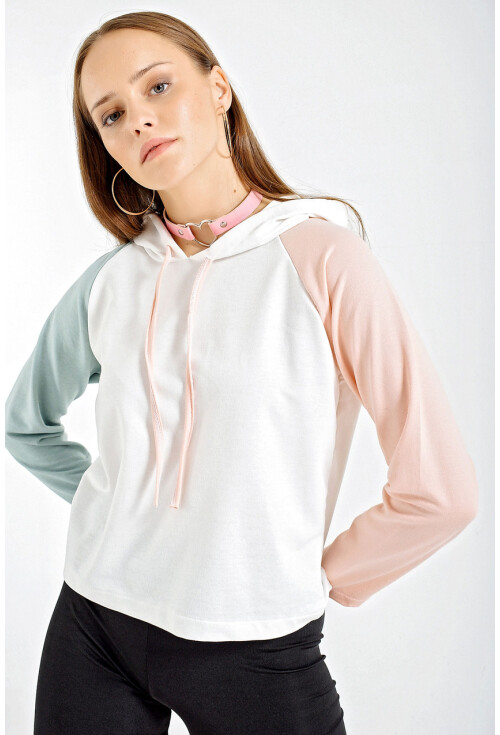 4225 Çift Renkli Kapşonlu Oversize Sweatshirt