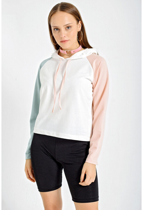 4225 Çift Renkli Kapşonlu Oversize Sweatshirt