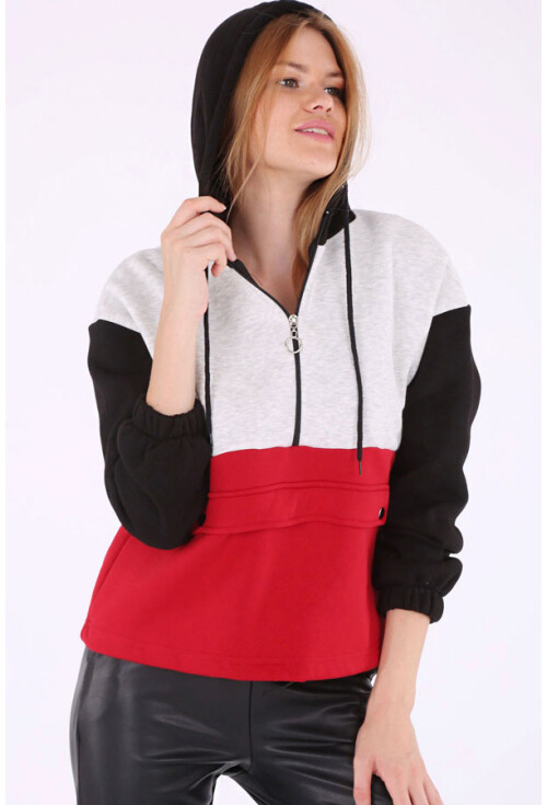 55307 Kapşonlu Yarım Fermuar Sweatshırt