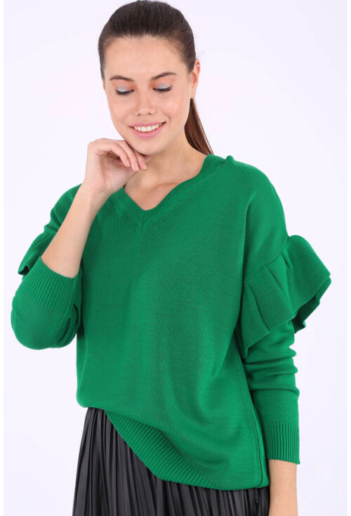 15627 V Yaka Kolları Fırfırlı Triko Kazak