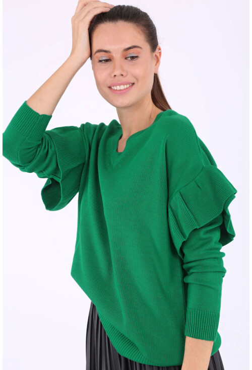 15627 V Yaka Kolları Fırfırlı Triko Kazak