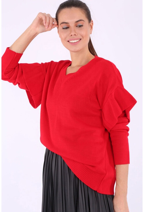 15627 V Yaka Kolları Fırfırlı Triko Kazak