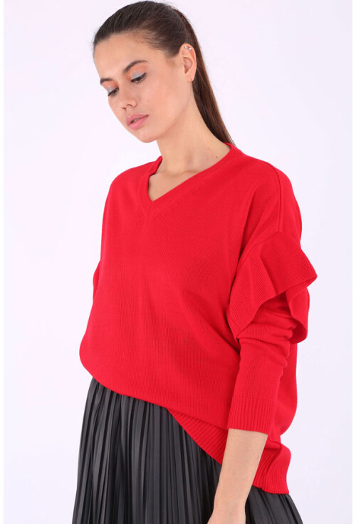 15627 V Yaka Kolları Fırfırlı Triko Kazak