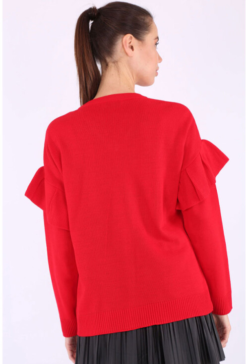 15627 V Yaka Kolları Fırfırlı Triko Kazak