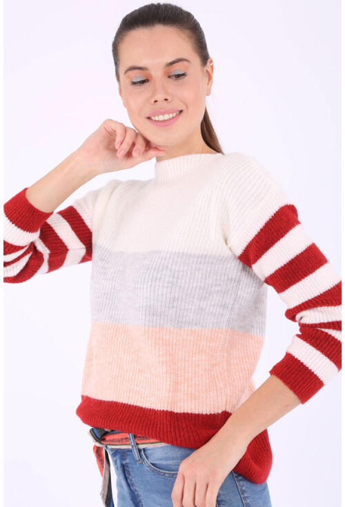 15707 Çok Renkli Kayık Yaka Triko Kazak