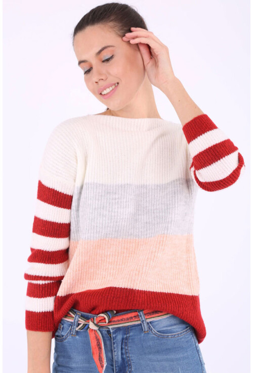 15707 Çok Renkli Kayık Yaka Triko Kazak