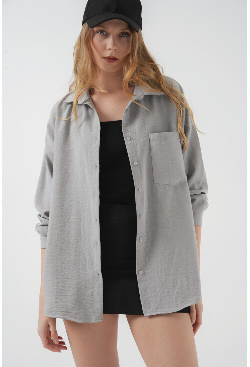 20153 Tek Cepli Oversize Keten Gömlek