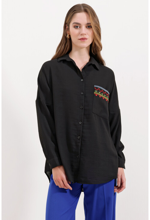 20153 Tek Cepli Oversize Keten Gömlek