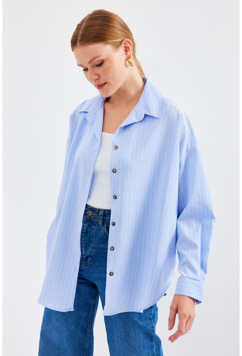 20208 Çizgili Oversize Uzun Basic Gömlek