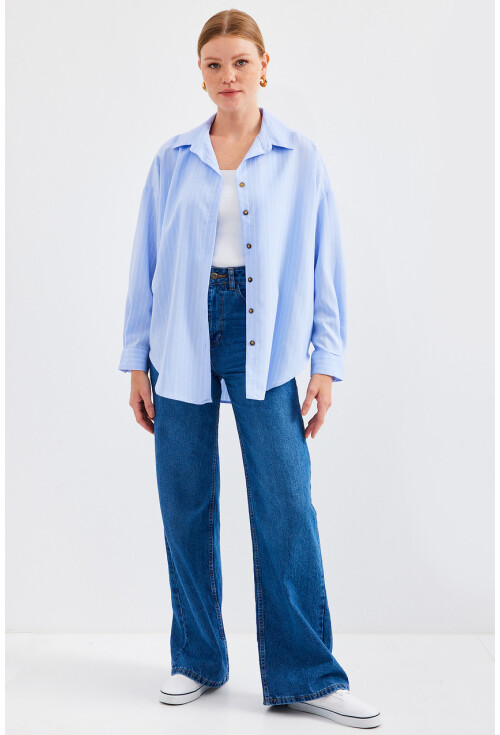 20208 Çizgili Oversize Uzun Basic Gömlek