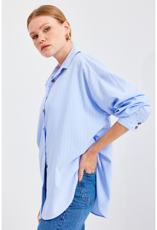 20208 Çizgili Oversize Uzun Basic Gömlek