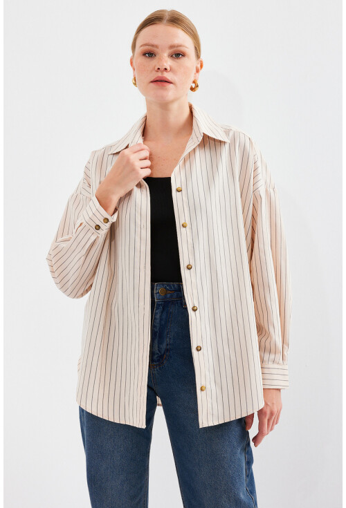 20208 Çizgili Oversize Uzun Basic Gömlek