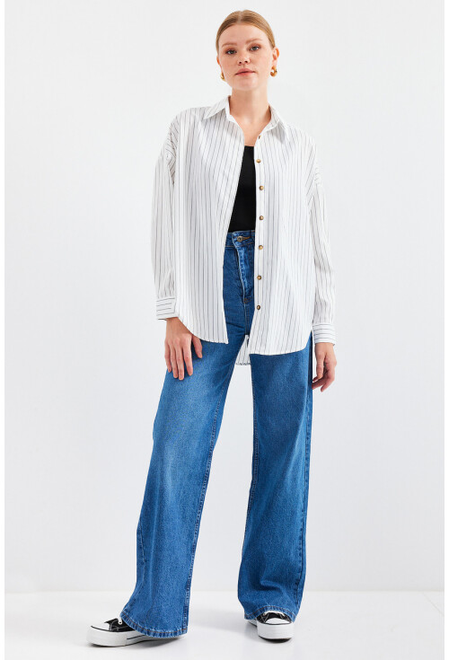 20208 Striped Oversized Long Basic Shirt