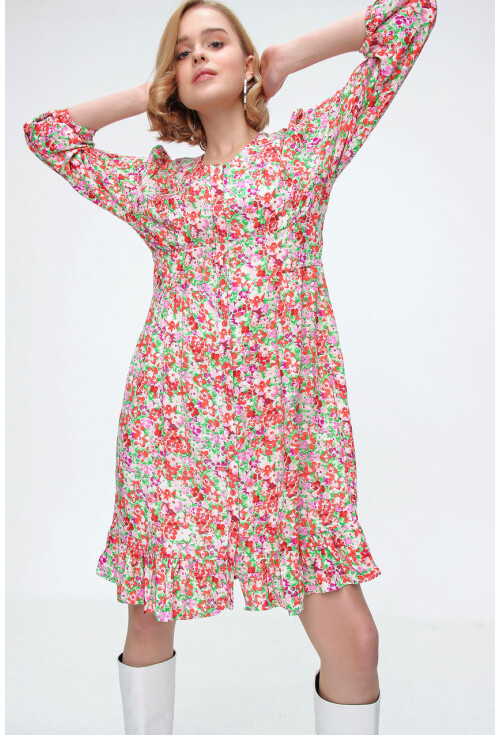 2128 Çiçek Desen Volanlı Elbise