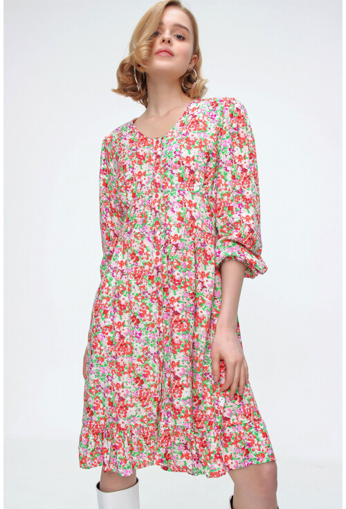 2128 Çiçek Desen Volanlı Elbise