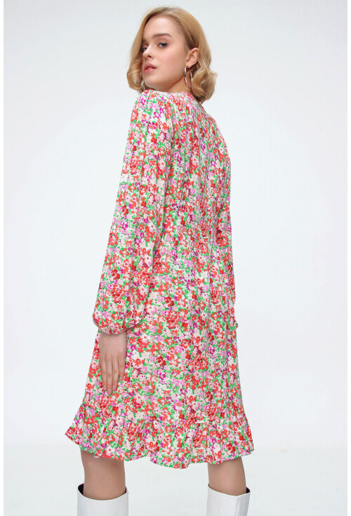 2128 Çiçek Desen Volanlı Elbise