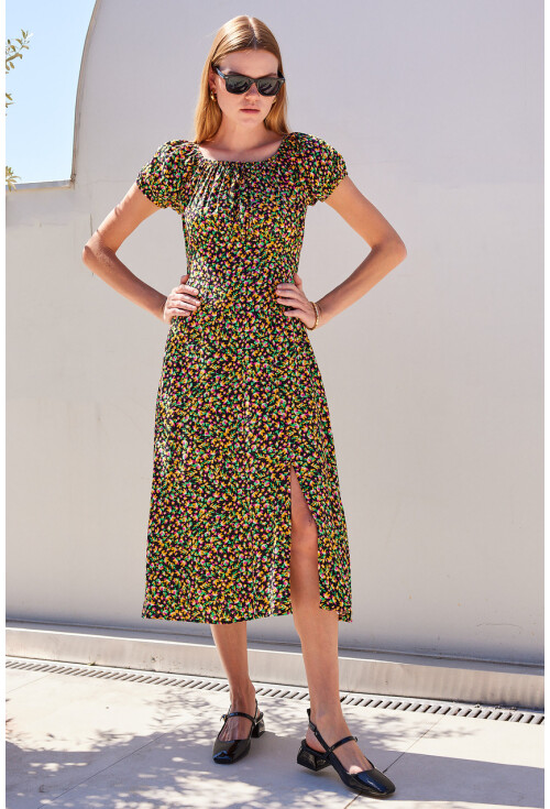 2427 Floral Viscose Dress With Side-Slit