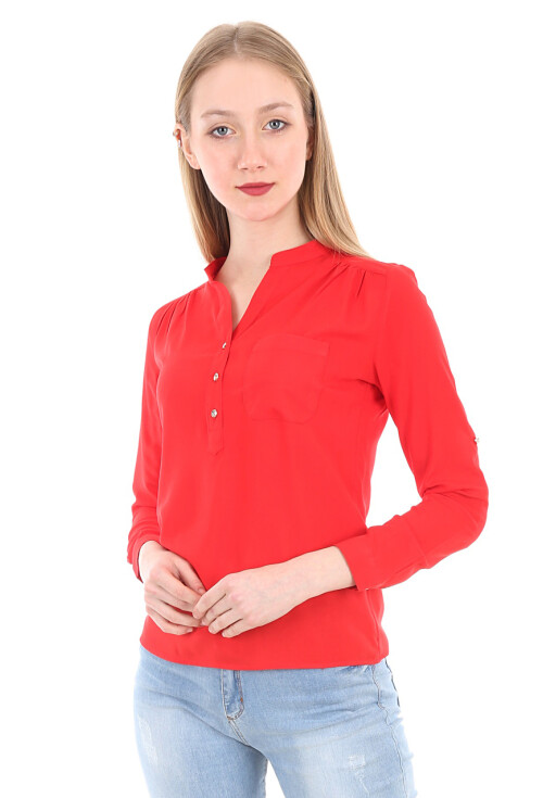 3444 Mandarin Collar Single Pocket Shirt