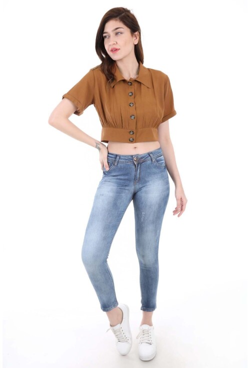 3680 Gömlek Yaka Düğmeli Bluz