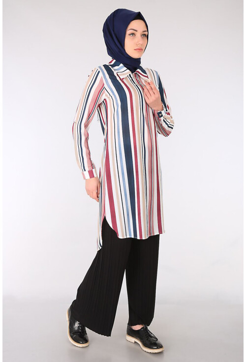 5634 Çizgili Fermuarlı Tesettür Tunik