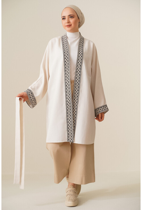 5867 Nakışlı Keten Kimono